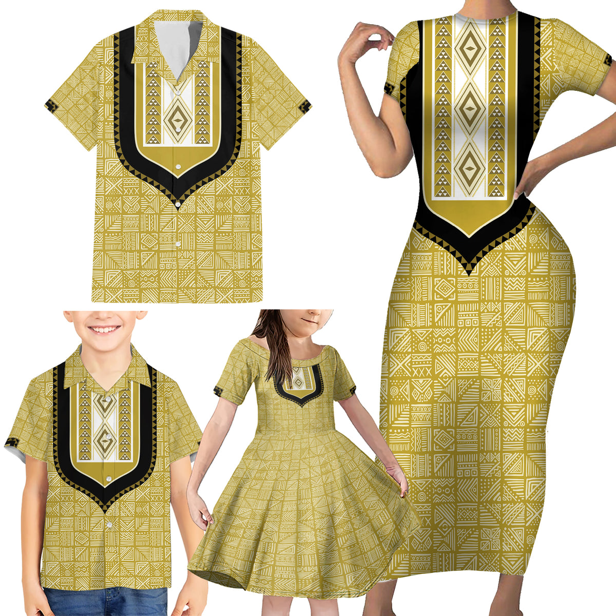 Personalized African Mudcloth Dashiki Family Matching Short Sleeve Bodycon Dress and Hawaiian Shirt - Wonder Print Shop