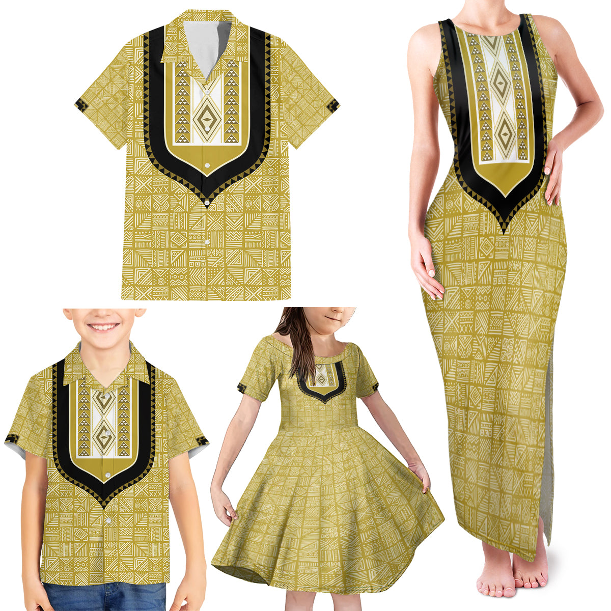 Personalized African Mudcloth Dashiki Family Matching Tank Maxi Dress and Hawaiian Shirt - Wonder Print Shop