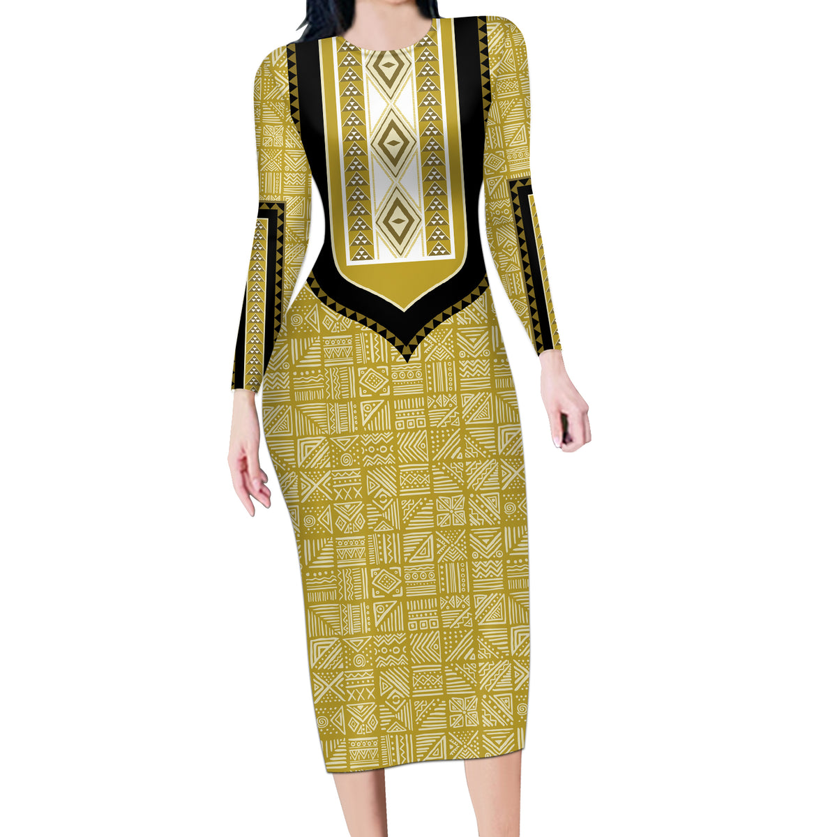 Personalized African Mudcloth Dashiki Long Sleeve Bodycon Dress - Wonder Print Shop