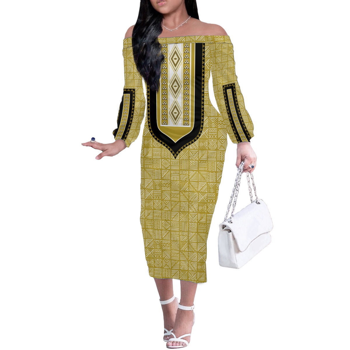 Personalized African Mudcloth Dashiki Off The Shoulder Long Sleeve Dress - Wonder Print Shop