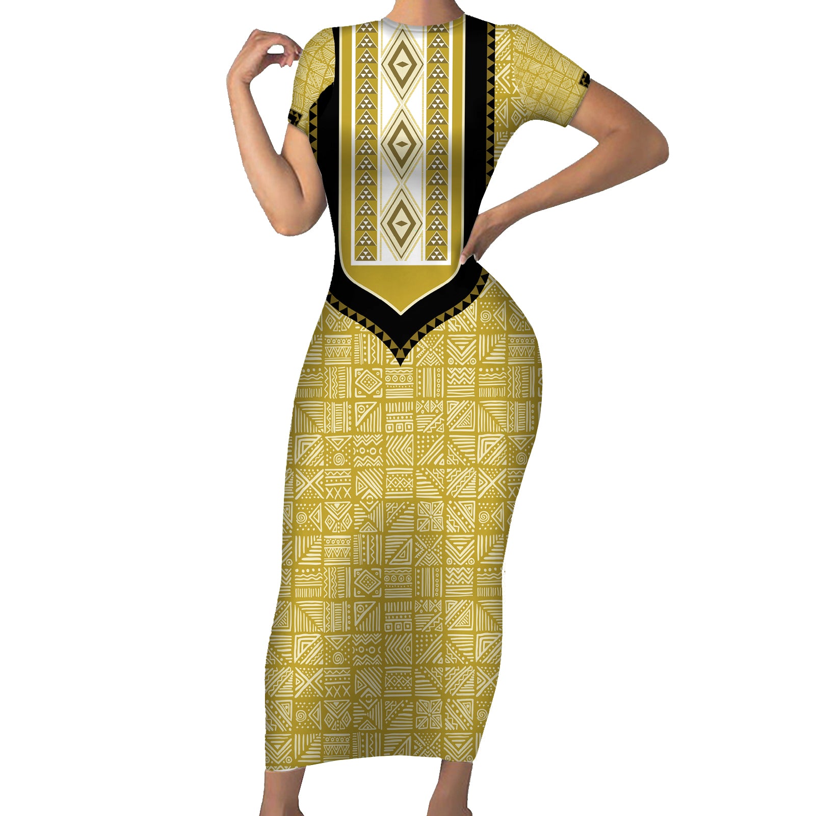 Personalized African Mudcloth Dashiki Short Sleeve Bodycon Dress - Wonder Print Shop