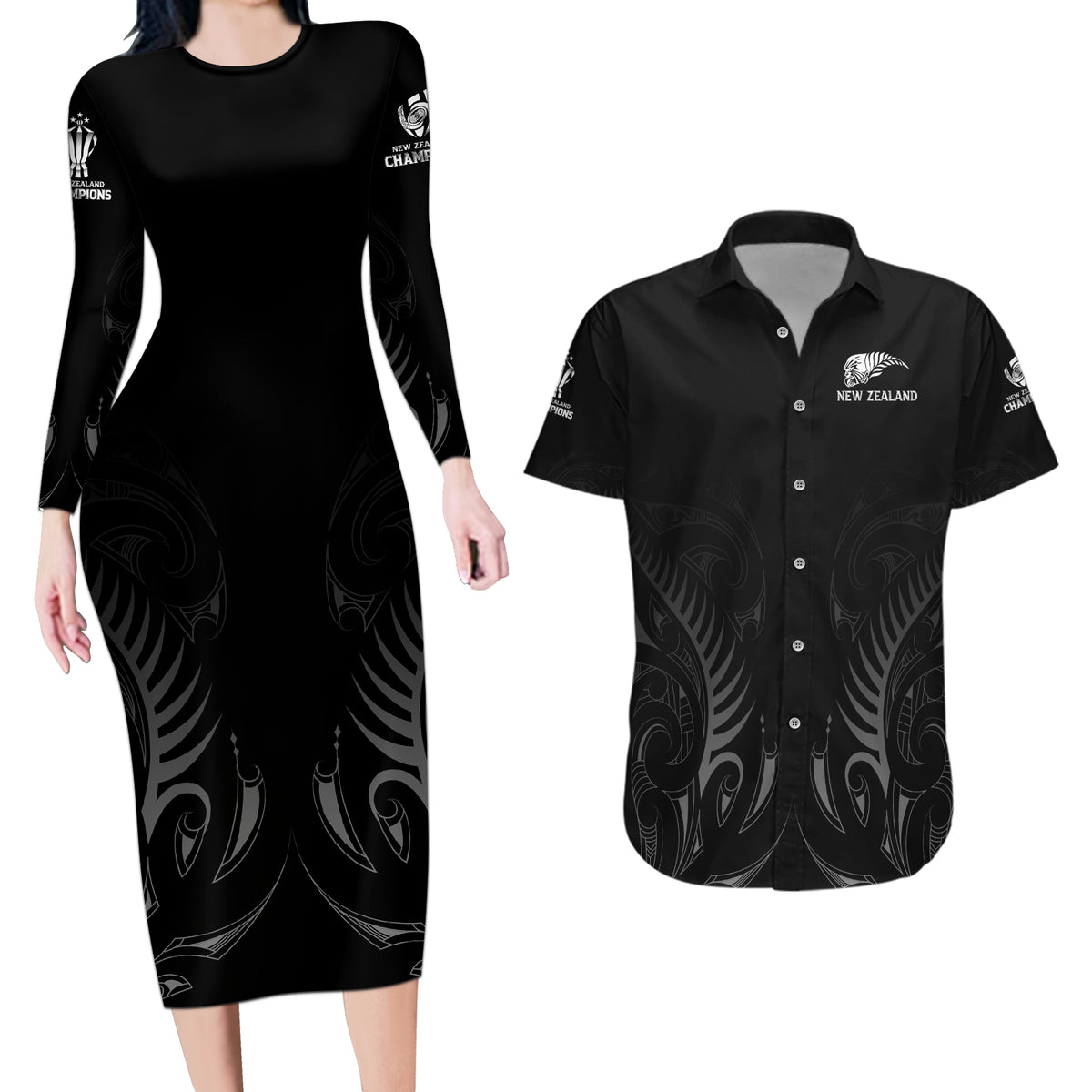 New Zealand Couples Matching Long Sleeve Bodycon Dress and Hawaiian Shirt Rugby 2023 Champions Black - Wonder Print Shop