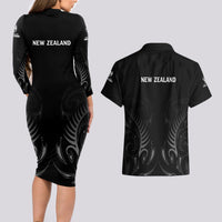 New Zealand Couples Matching Long Sleeve Bodycon Dress and Hawaiian Shirt Rugby 2023 Champions Black - Wonder Print Shop