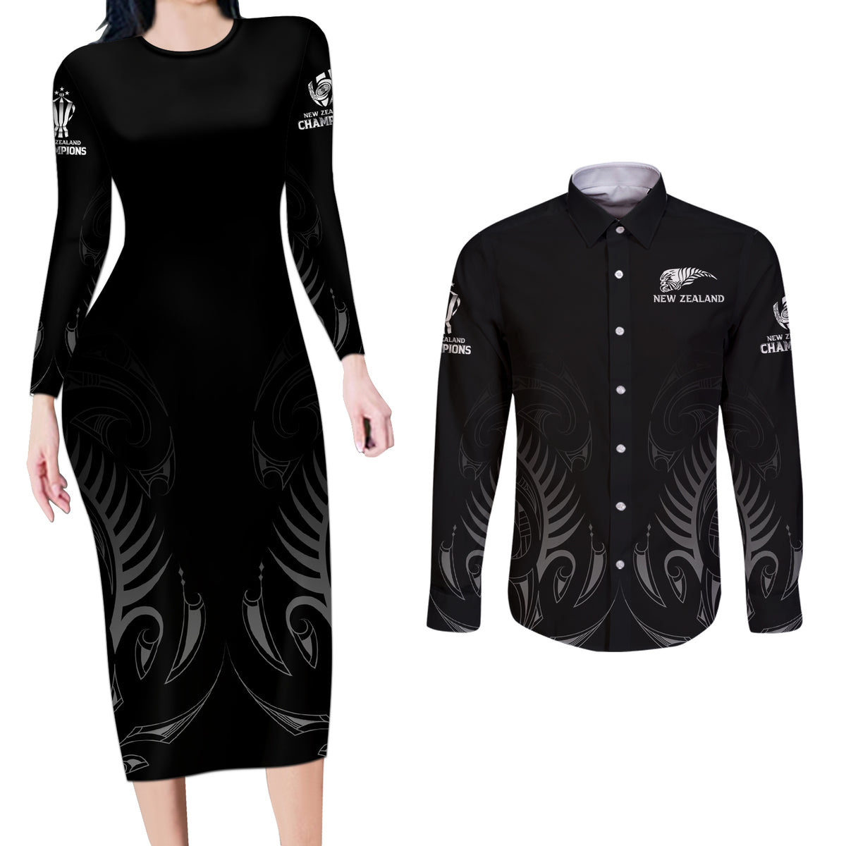 New Zealand Couples Matching Long Sleeve Bodycon Dress and Long Sleeve Button Shirt Rugby 2023 Champions Black - Wonder Print Shop