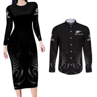 New Zealand Couples Matching Long Sleeve Bodycon Dress and Long Sleeve Button Shirt Rugby 2023 Champions Black - Wonder Print Shop