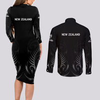 New Zealand Couples Matching Long Sleeve Bodycon Dress and Long Sleeve Button Shirt Rugby 2023 Champions Black - Wonder Print Shop