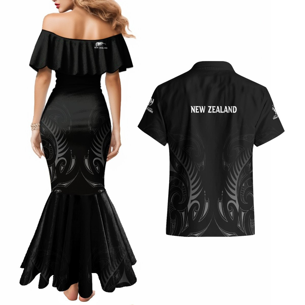 New Zealand Couples Matching Mermaid Dress and Hawaiian Shirt Rugby 2023 Champions Black - Wonder Print Shop