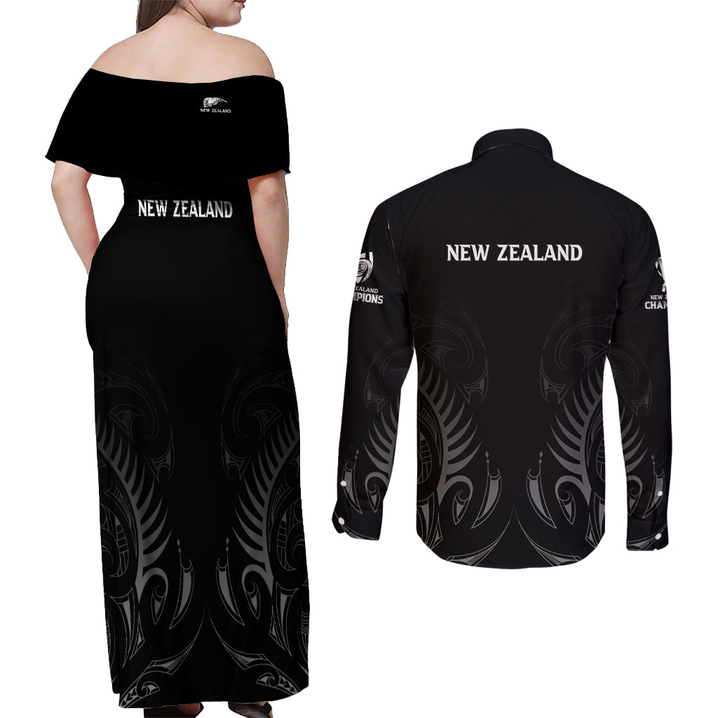 New Zealand Couples Matching Off Shoulder Maxi Dress and Long Sleeve Button Shirt Rugby 2023 Champions Black - Wonder Print Shop