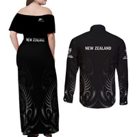 New Zealand Couples Matching Off Shoulder Maxi Dress and Long Sleeve Button Shirt Rugby 2023 Champions Black - Wonder Print Shop