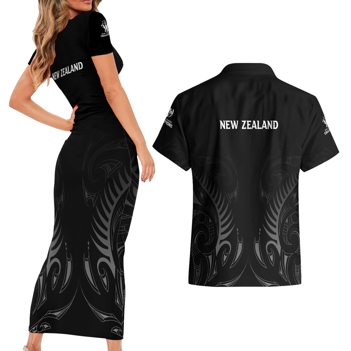 New Zealand Couples Matching Short Sleeve Bodycon Dress and Hawaiian Shirt Rugby 2023 Champions Black - Wonder Print Shop