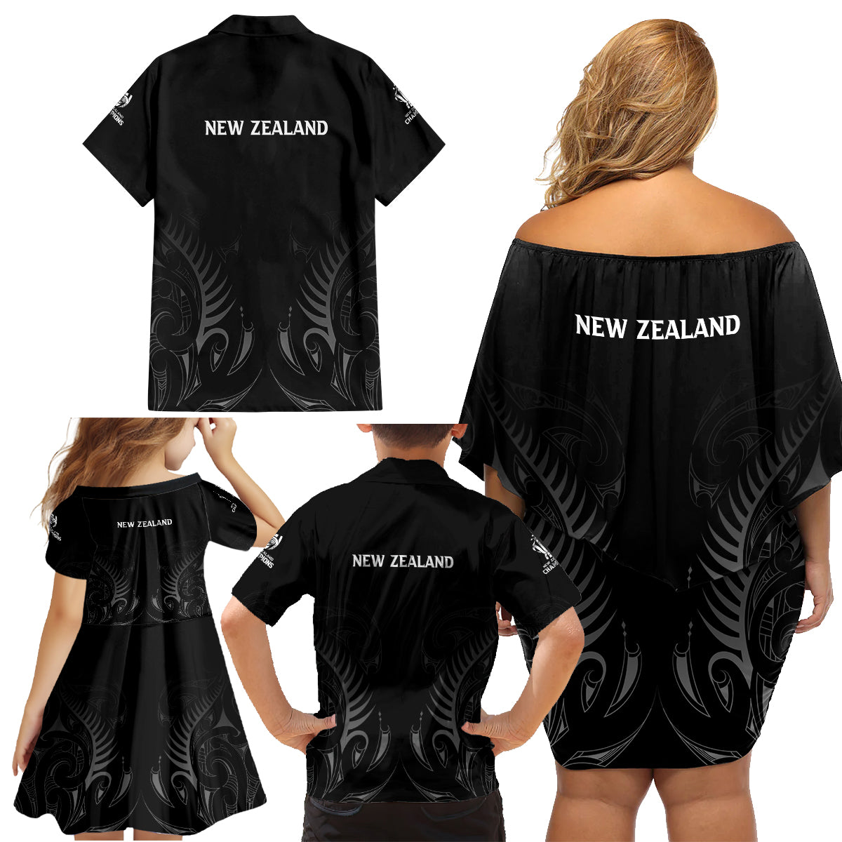 New Zealand Family Matching Off Shoulder Short Dress and Hawaiian Shirt Rugby 2023 Champions Black - Wonder Print Shop