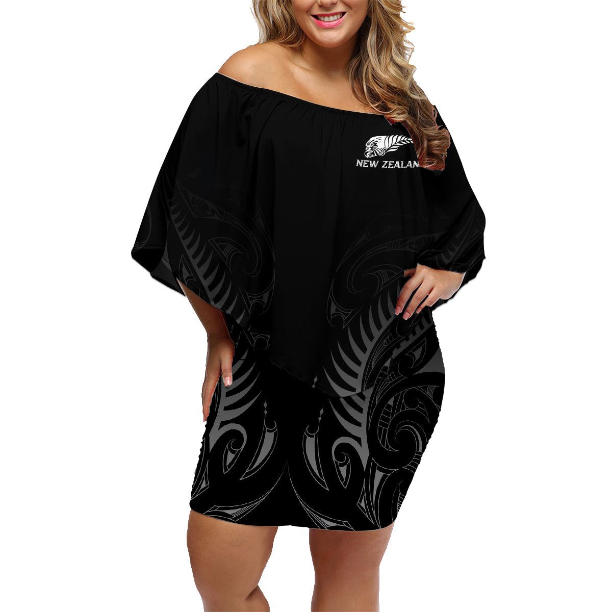 New Zealand Family Matching Off Shoulder Short Dress and Hawaiian Shirt Rugby 2023 Champions Black - Wonder Print Shop