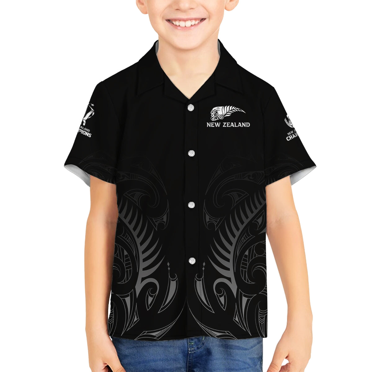 New Zealand Family Matching Off Shoulder Short Dress and Hawaiian Shirt Rugby 2023 Champions Black - Wonder Print Shop