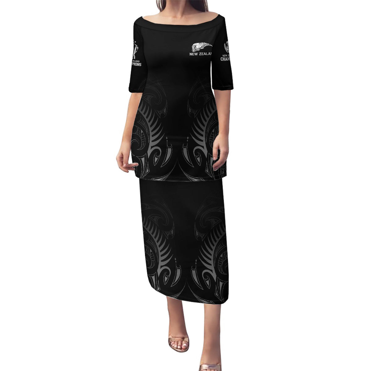 New Zealand Family Matching Puletasi Dress and Hawaiian Shirt Rugby 2023 Champions Black - Wonder Print Shop