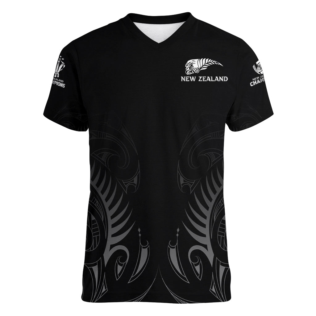 New Zealand Women V Neck T Shirt Rugby 2023 Champions Black - Wonder Print Shop