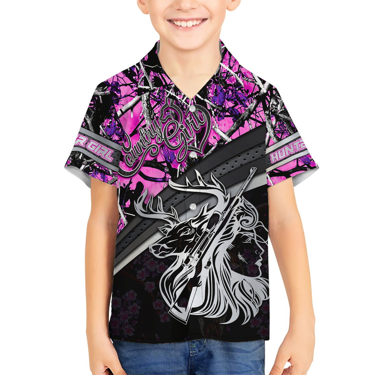 Hunt Like A Girl Kid Hawaiian Shirt Forest Purple - Wonder Print Shop