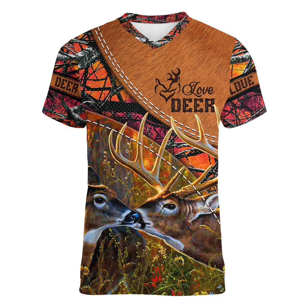 Love Deer Women V Neck T Shirt Deer Hunting Realtree Fire - Wonder Print Shop