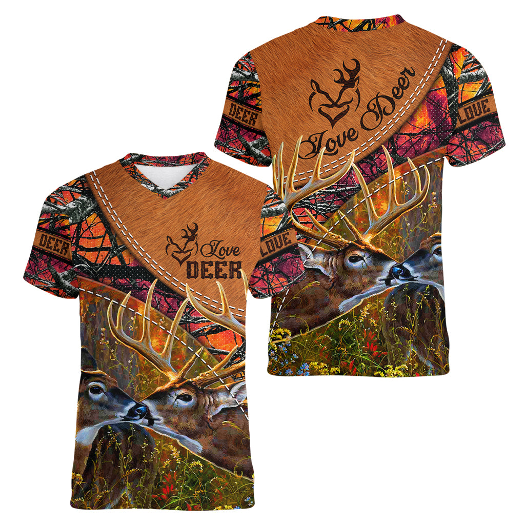 Love Deer Women V Neck T Shirt Deer Hunting Realtree Fire - Wonder Print Shop