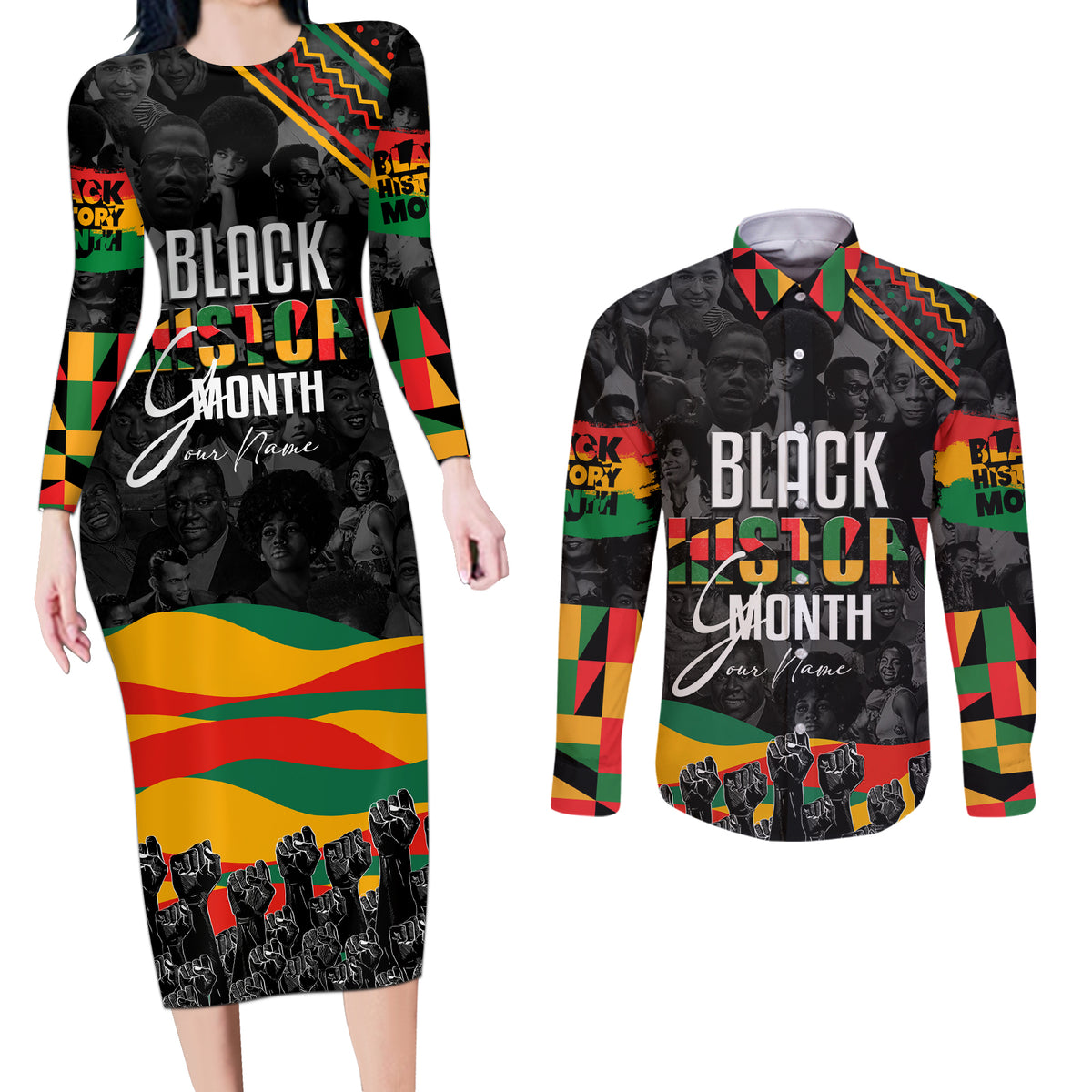 Personalized Black History Month Couples Matching Long Sleeve Bodycon Dress and Long Sleeve Button Shirt - Wonder Print Shop
