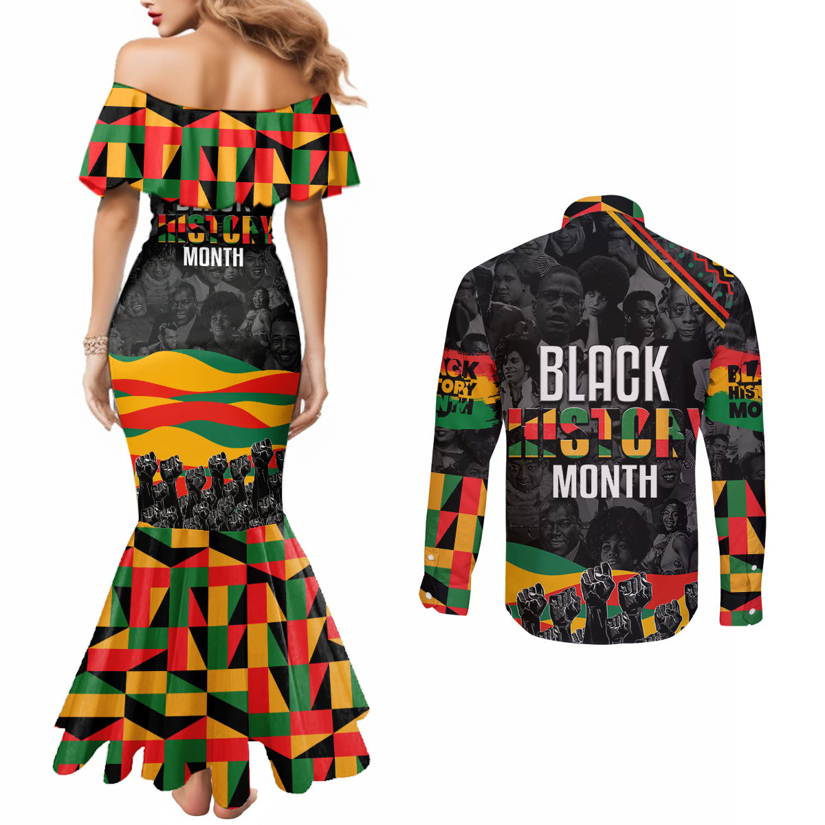 Personalized Black History Month Couples Matching Mermaid Dress and Long Sleeve Button Shirt
