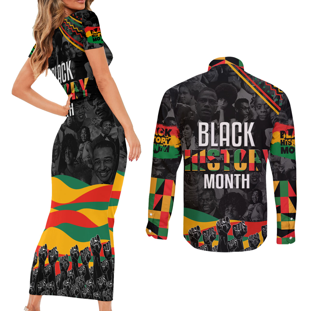 Personalized Black History Month Couples Matching Short Sleeve Bodycon Dress and Long Sleeve Button Shirt - Wonder Print Shop
