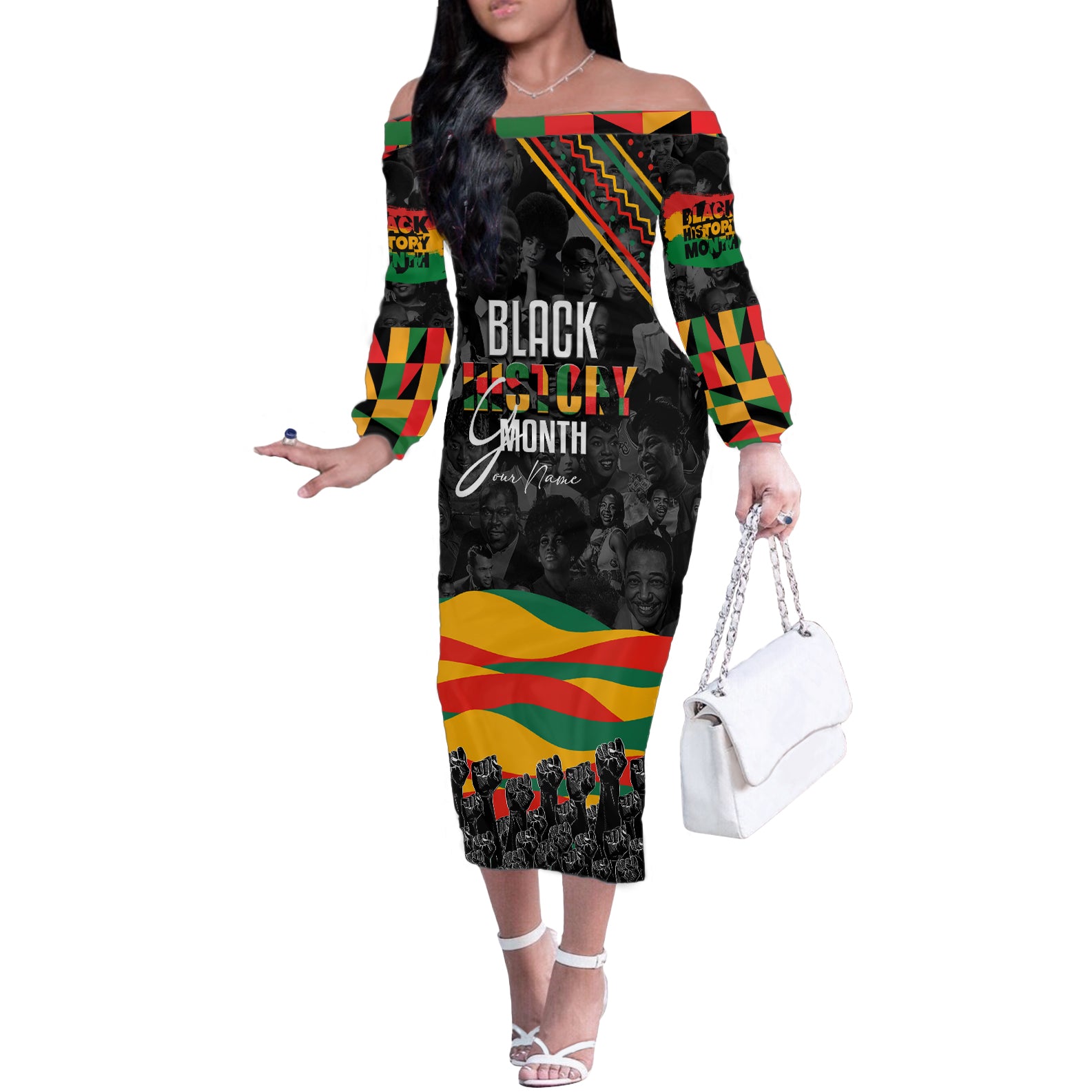 Personalized Black History Month Off The Shoulder Long Sleeve Dress - Wonder Print Shop