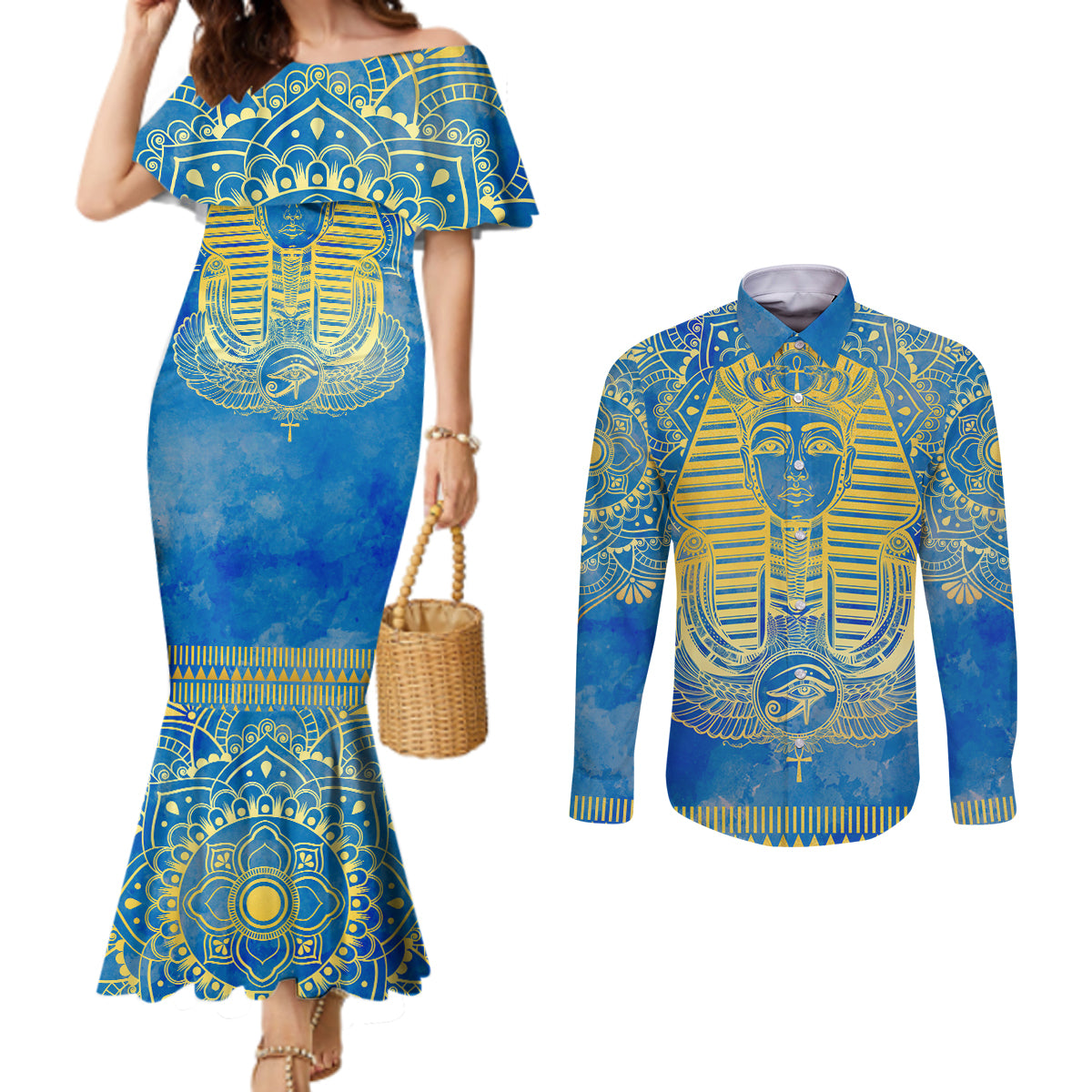 Personalized Mandala Egyptian Pharaoh Couples Matching Mermaid Dress and Long Sleeve Button Shirt Eye of Horus Blue
