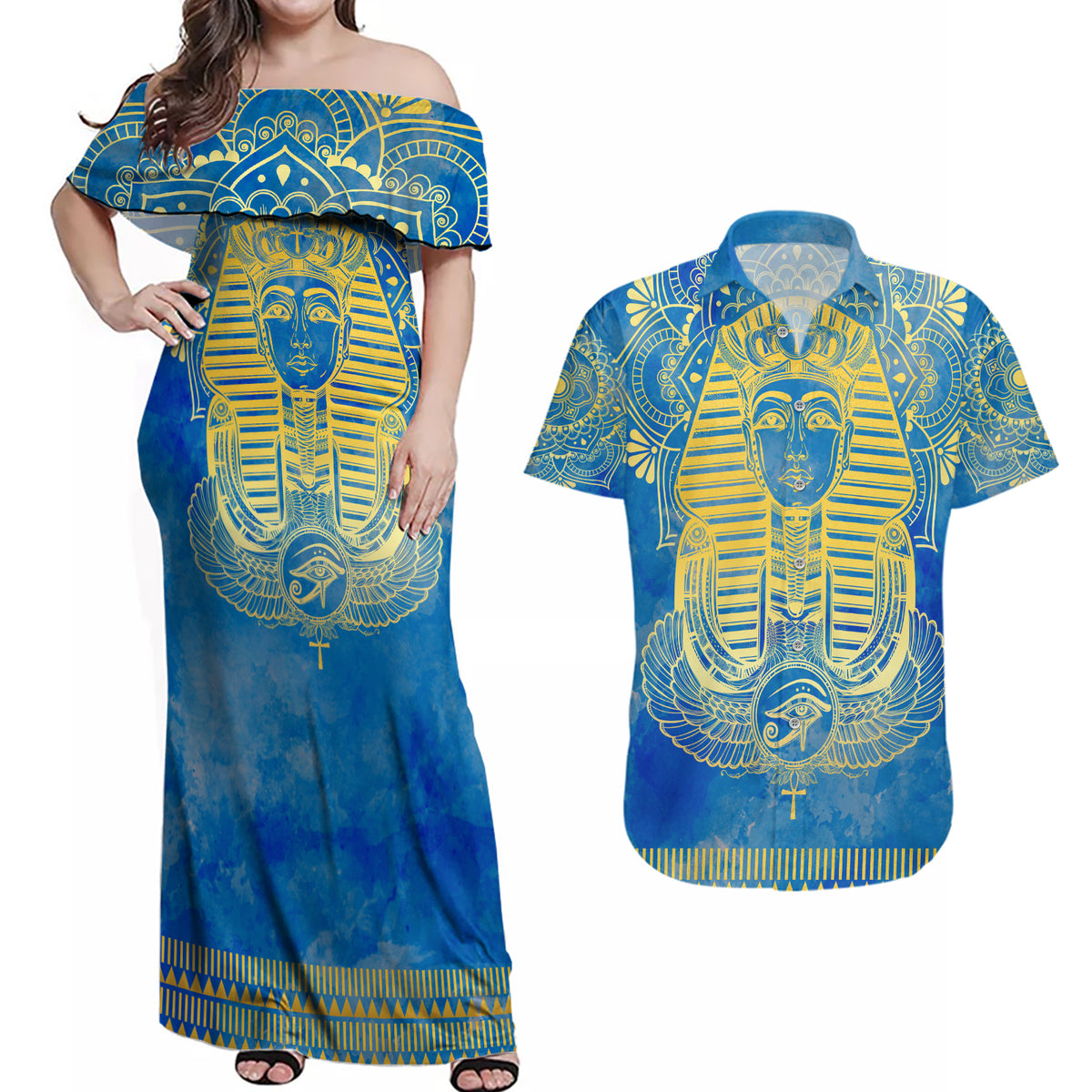 Personalized Mandala Egyptian Pharaoh Couples Matching Off Shoulder Maxi Dress and Hawaiian Shirt Eye of Horus Blue - Wonder Print Shop