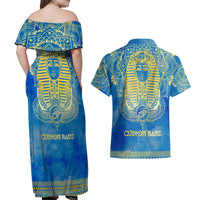 Personalized Mandala Egyptian Pharaoh Couples Matching Off Shoulder Maxi Dress and Hawaiian Shirt Eye of Horus Blue - Wonder Print Shop