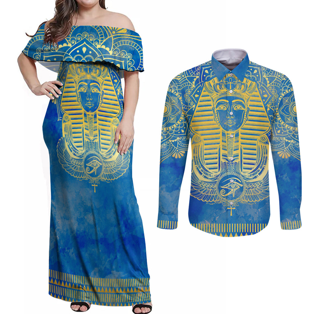 Personalized Mandala Egyptian Pharaoh Couples Matching Off Shoulder Maxi Dress and Long Sleeve Button Shirt Eye of Horus Blue