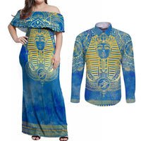 Personalized Mandala Egyptian Pharaoh Couples Matching Off Shoulder Maxi Dress and Long Sleeve Button Shirt Eye of Horus Blue - Wonder Print Shop