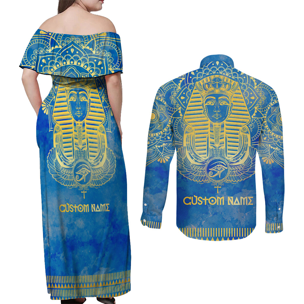 Personalized Mandala Egyptian Pharaoh Couples Matching Off Shoulder Maxi Dress and Long Sleeve Button Shirt Eye of Horus Blue - Wonder Print Shop