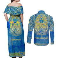 Personalized Mandala Egyptian Pharaoh Couples Matching Off Shoulder Maxi Dress and Long Sleeve Button Shirt Eye of Horus Blue - Wonder Print Shop