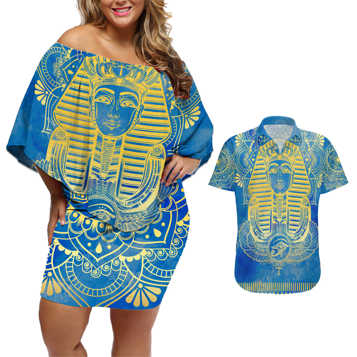 Personalized Mandala Egyptian Pharaoh Couples Matching Off Shoulder Short Dress and Hawaiian Shirt Eye of Horus Blue - Wonder Print Shop