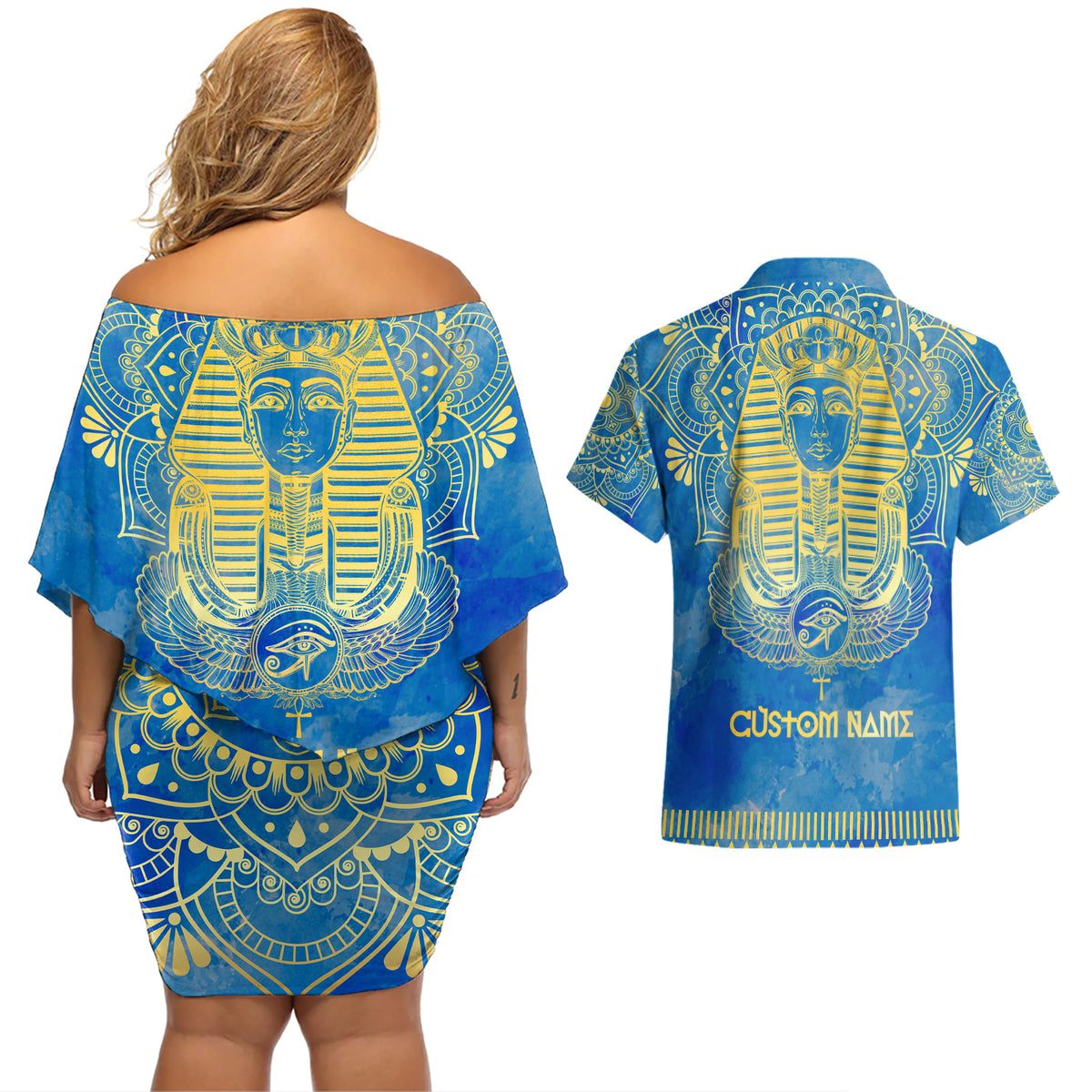 Personalized Mandala Egyptian Pharaoh Couples Matching Off Shoulder Short Dress and Hawaiian Shirt Eye of Horus Blue - Wonder Print Shop