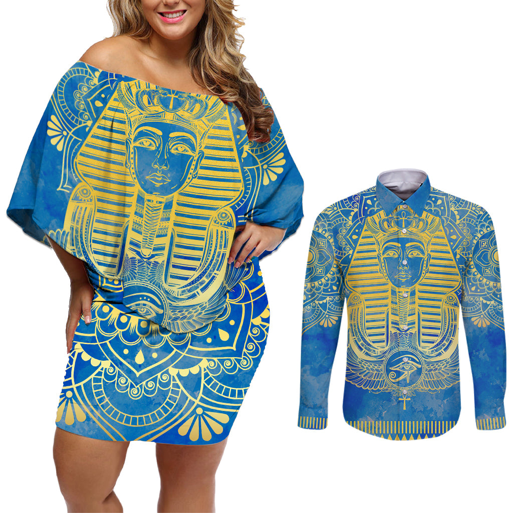 Personalized Mandala Egyptian Pharaoh Couples Matching Off Shoulder Short Dress and Long Sleeve Button Shirt Eye of Horus Blue