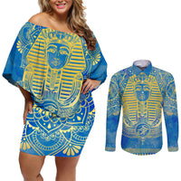 Personalized Mandala Egyptian Pharaoh Couples Matching Off Shoulder Short Dress and Long Sleeve Button Shirt Eye of Horus Blue - Wonder Print Shop