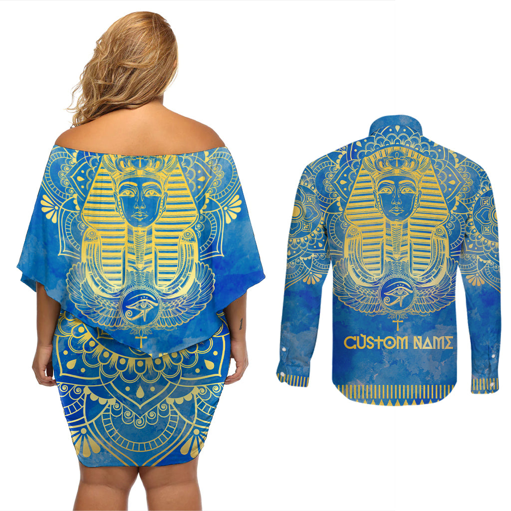 Personalized Mandala Egyptian Pharaoh Couples Matching Off Shoulder Short Dress and Long Sleeve Button Shirt Eye of Horus Blue - Wonder Print Shop