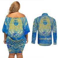 Personalized Mandala Egyptian Pharaoh Couples Matching Off Shoulder Short Dress and Long Sleeve Button Shirt Eye of Horus Blue - Wonder Print Shop