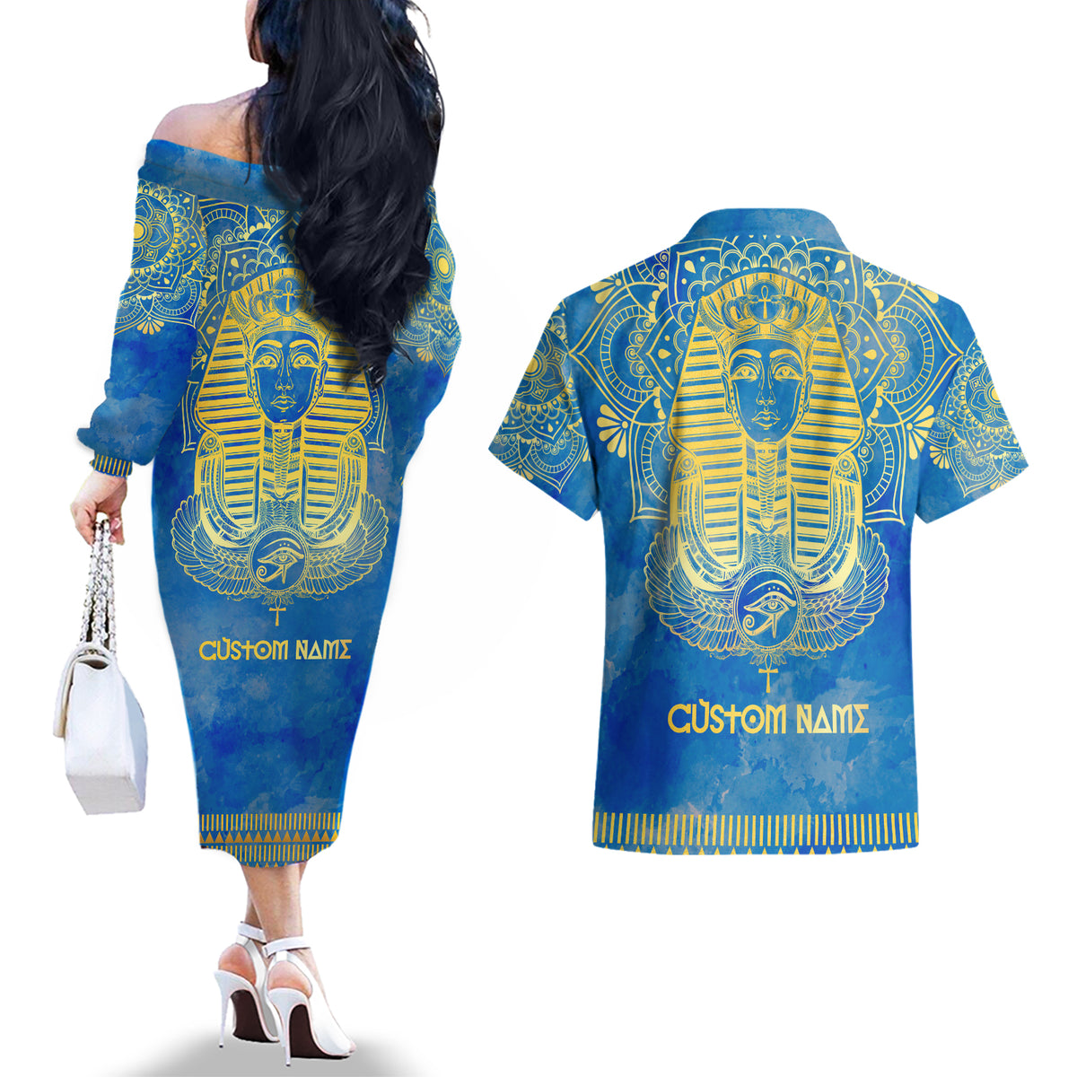 Personalized Mandala Egyptian Pharaoh Couples Matching Off The Shoulder Long Sleeve Dress and Hawaiian Shirt Eye of Horus Blue - Wonder Print Shop