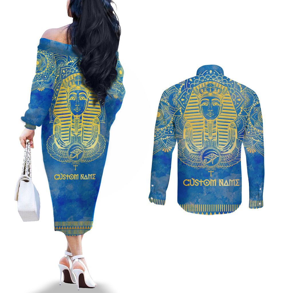 Personalized Mandala Egyptian Pharaoh Couples Matching Off The Shoulder Long Sleeve Dress and Long Sleeve Button Shirt Eye of Horus Blue