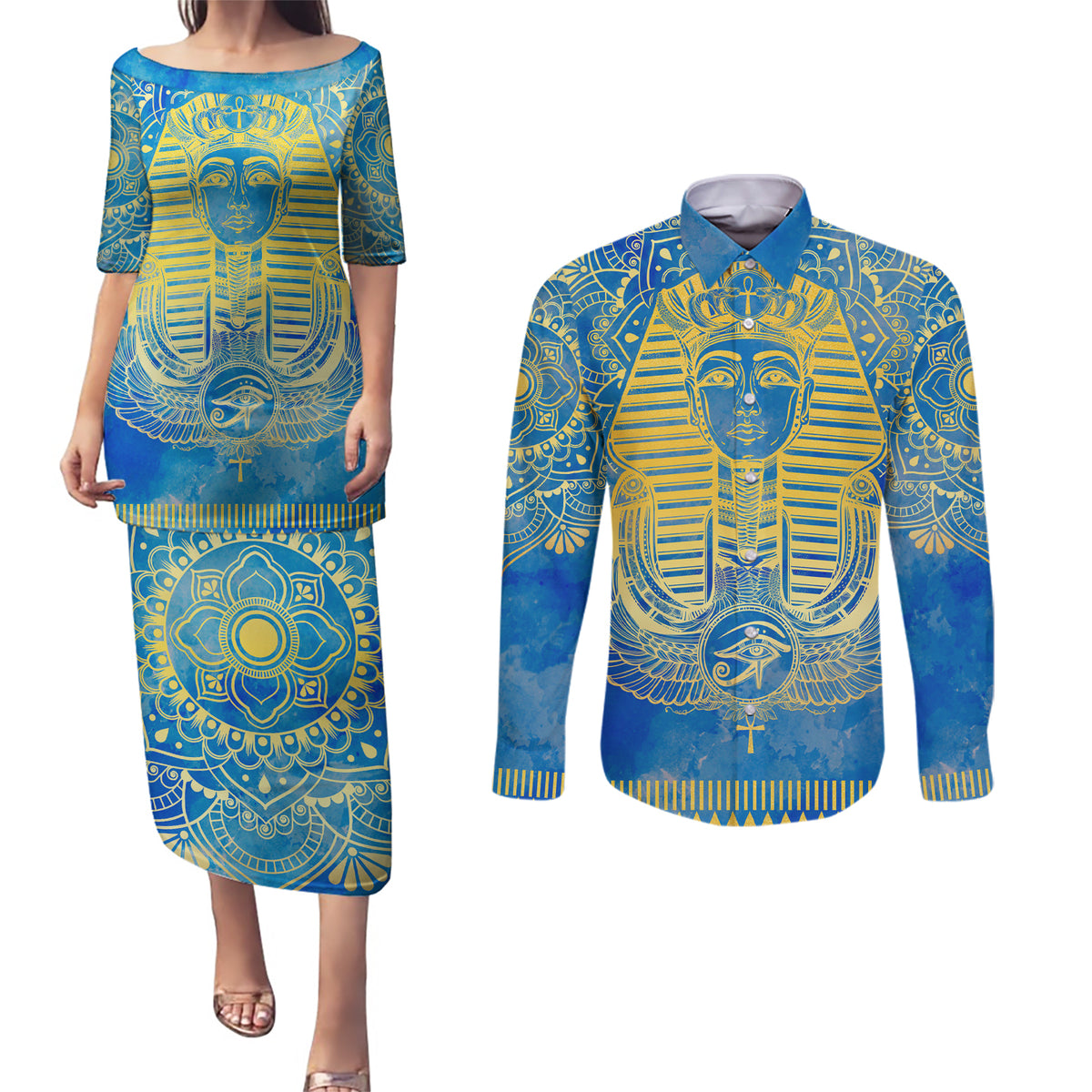 Personalized Mandala Egyptian Pharaoh Couples Matching Puletasi and Long Sleeve Button Shirt Eye of Horus Blue - Wonder Print Shop
