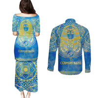 Personalized Mandala Egyptian Pharaoh Couples Matching Puletasi and Long Sleeve Button Shirt Eye of Horus Blue - Wonder Print Shop