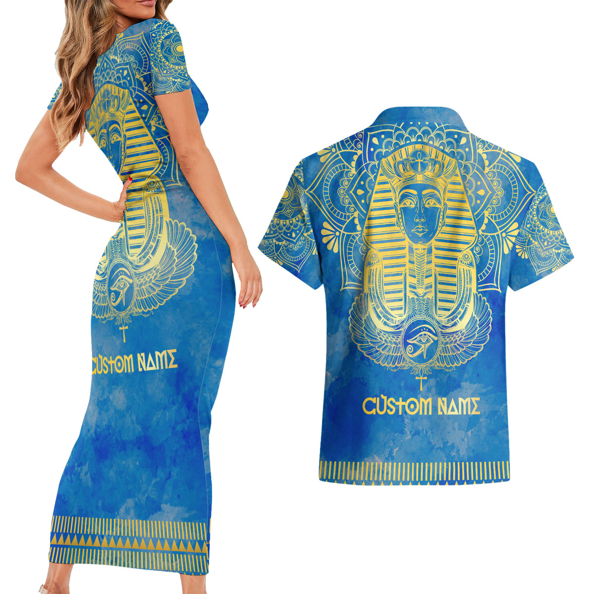 Personalized Mandala Egyptian Pharaoh Couples Matching Short Sleeve Bodycon Dress and Hawaiian Shirt Eye of Horus Blue - Wonder Print Shop