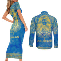 Personalized Mandala Egyptian Pharaoh Couples Matching Short Sleeve Bodycon Dress and Long Sleeve Button Shirt Eye of Horus Blue - Wonder Print Shop