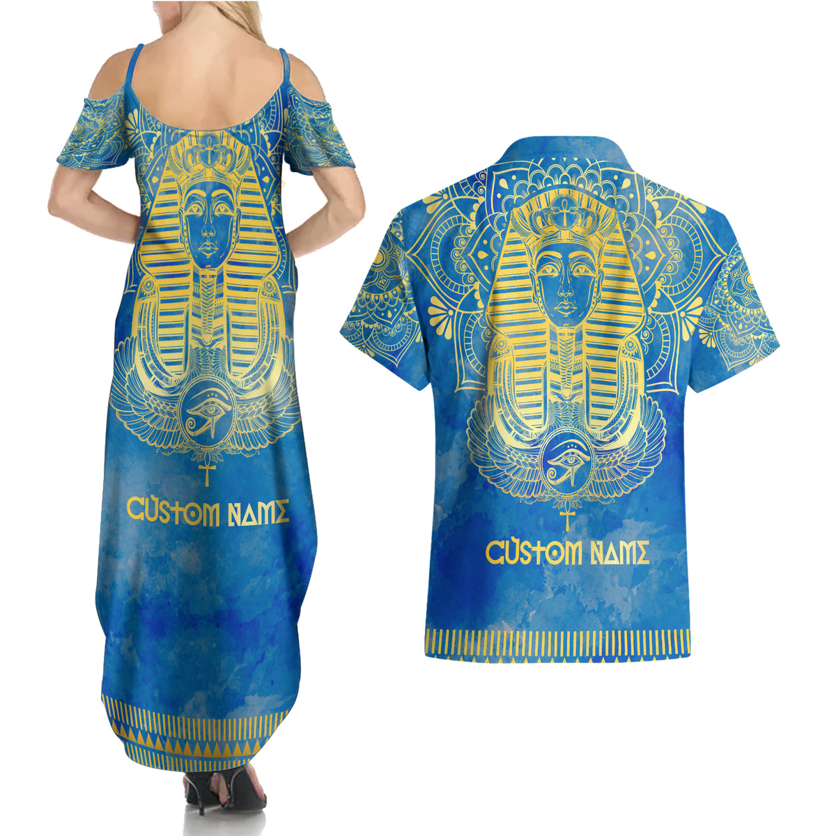Personalized Mandala Egyptian Pharaoh Couples Matching Summer Maxi Dress and Hawaiian Shirt Eye of Horus Blue - Wonder Print Shop