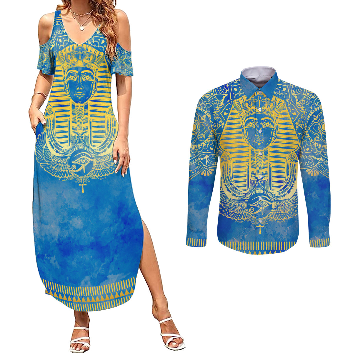 Personalized Mandala Egyptian Pharaoh Couples Matching Summer Maxi Dress and Long Sleeve Button Shirt Eye of Horus Blue - Wonder Print Shop