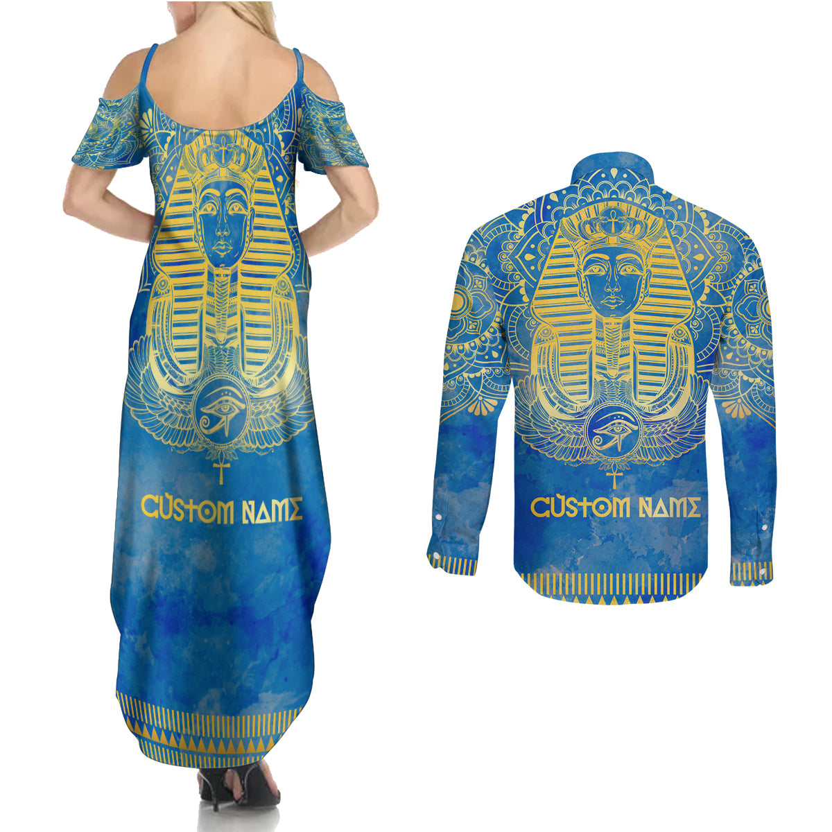 Personalized Mandala Egyptian Pharaoh Couples Matching Summer Maxi Dress and Long Sleeve Button Shirt Eye of Horus Blue - Wonder Print Shop