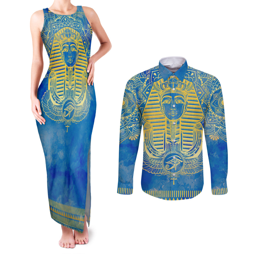 Personalized Mandala Egyptian Pharaoh Couples Matching Tank Maxi Dress and Long Sleeve Button Shirt Eye of Horus Blue - Wonder Print Shop
