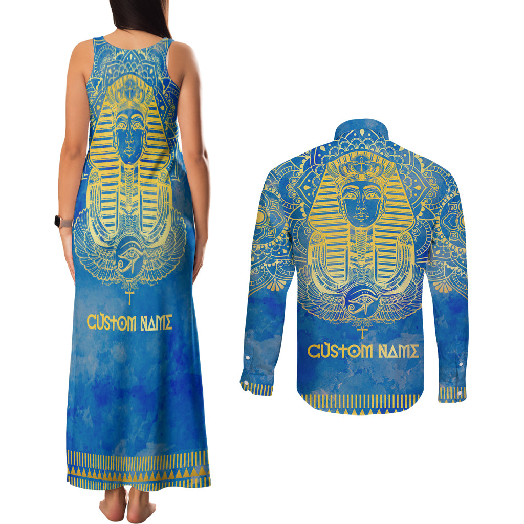 Personalized Mandala Egyptian Pharaoh Couples Matching Tank Maxi Dress and Long Sleeve Button Shirt Eye of Horus Blue - Wonder Print Shop